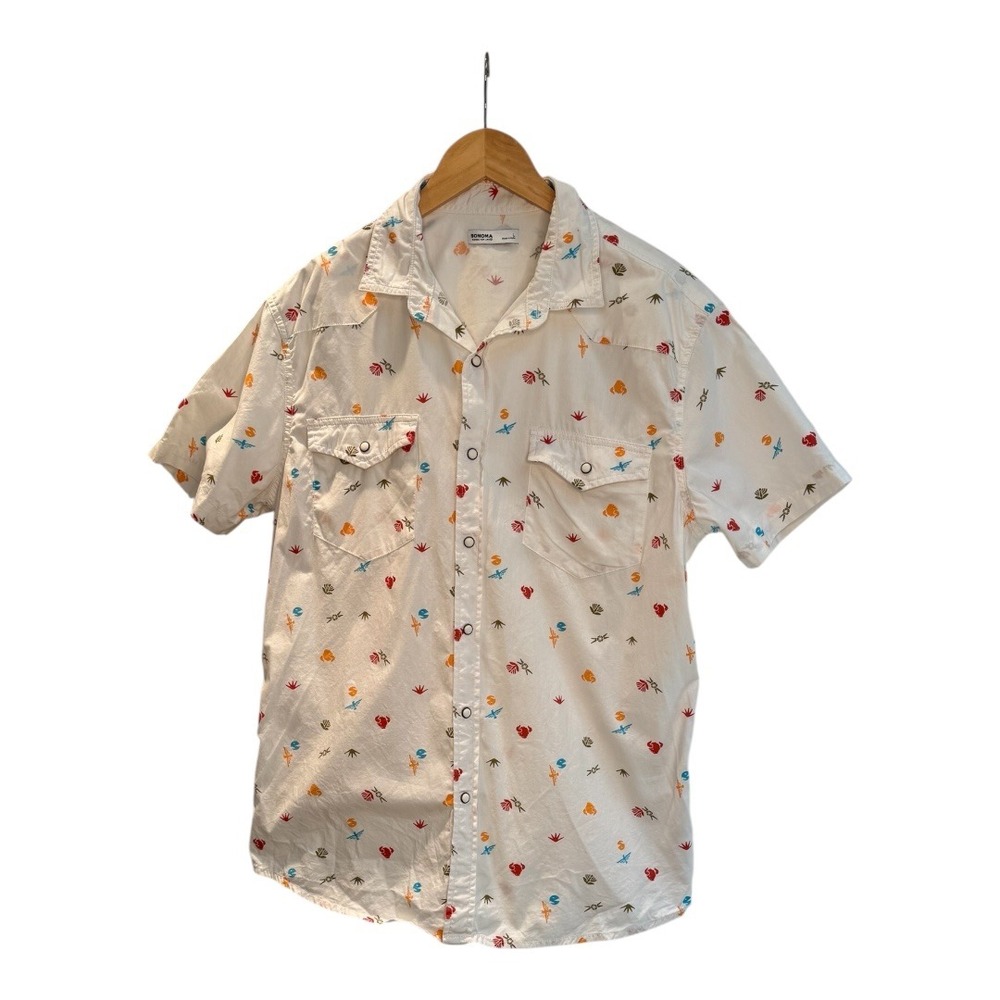 Sonoma Goods For Life Mens Large Short Sleeve Snap Front Shirt Aztec‎ Print